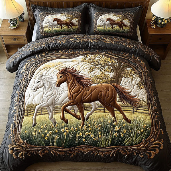 Nature Freedom quilted 3-piece bedding set on a made bed in a warmly lit bedroom