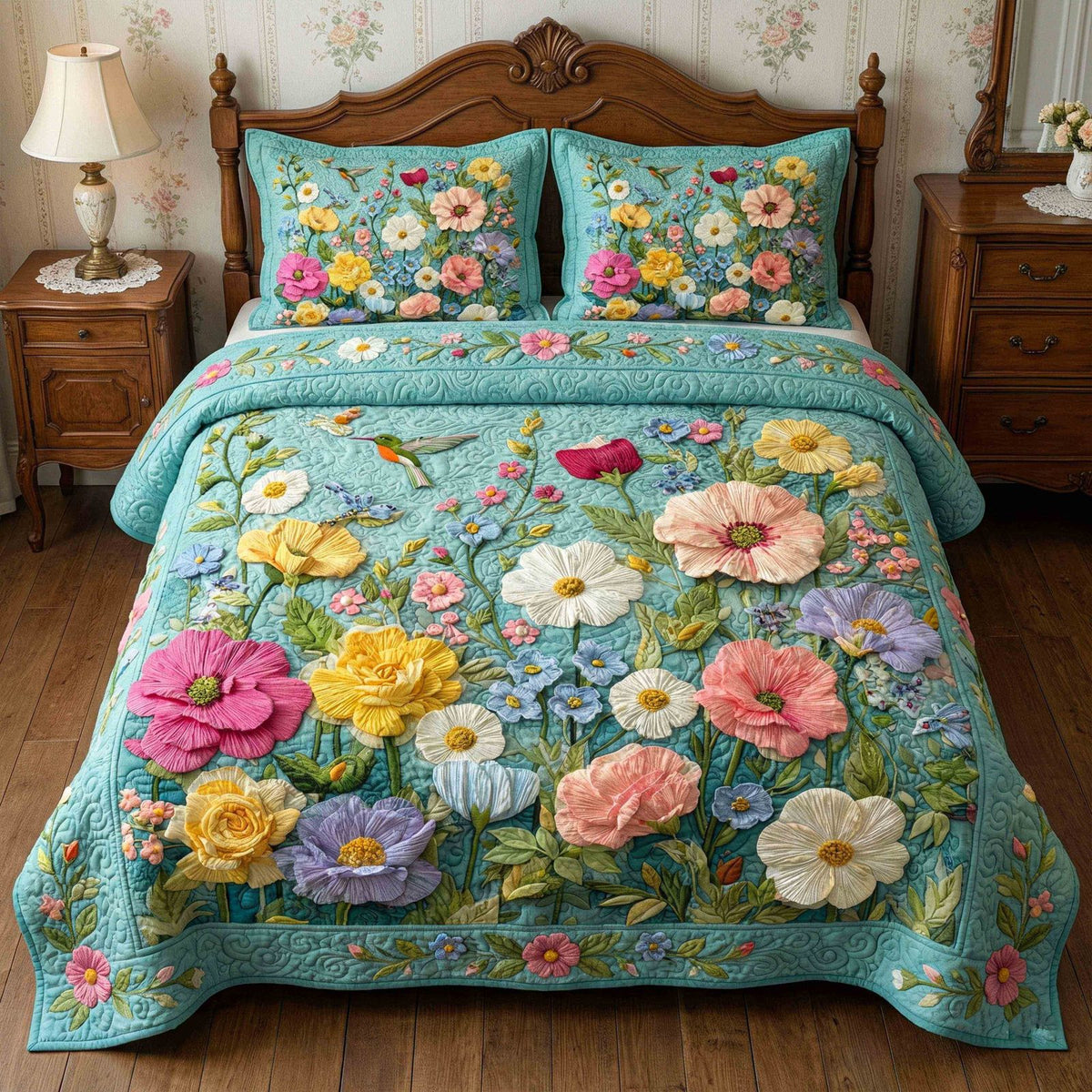 Nature Garden quilted 3-piece bedding set on a made bed with two matching pillow shams