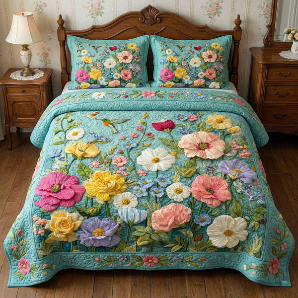 Nature Garden quilted 3-piece bedding set on a made bed with two matching pillow shams