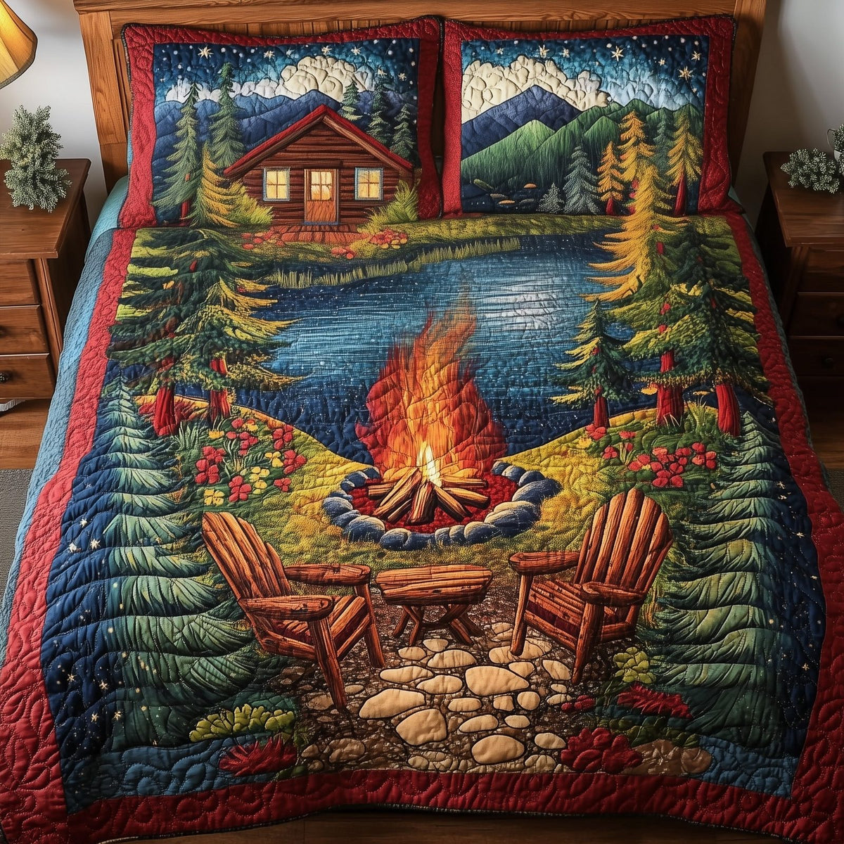 Nature Giggles quilted 3-piece bedding set on a made bed with two matching pillow shams