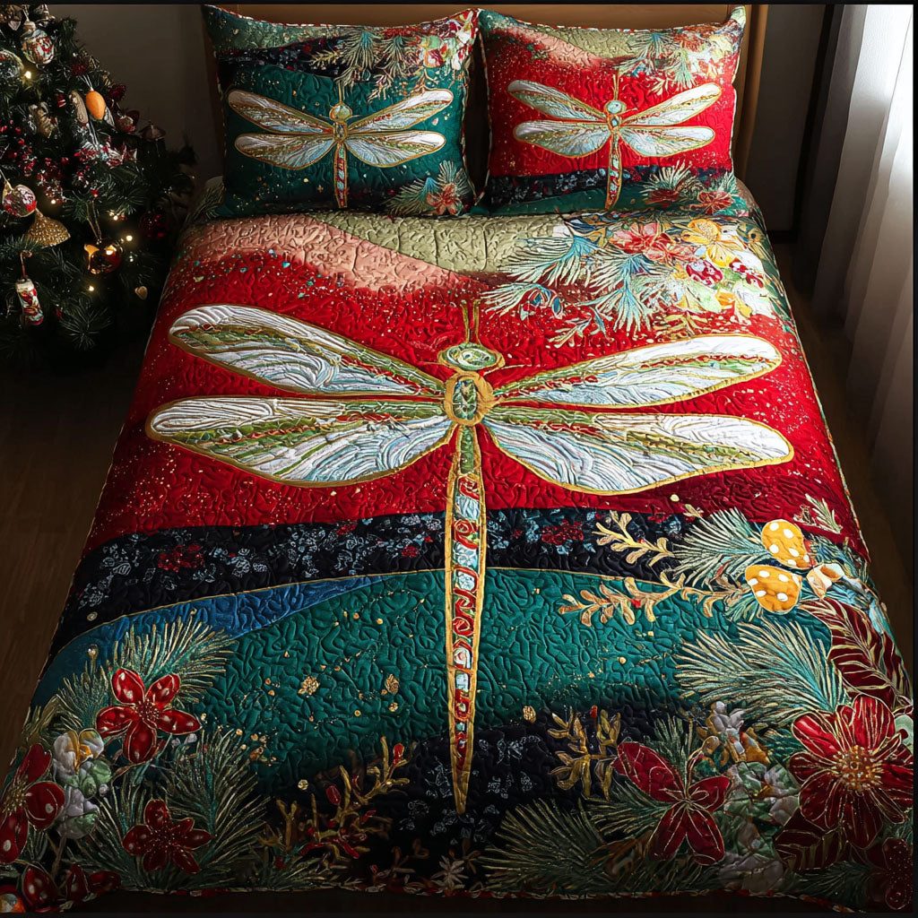 Nature Glimmerfly quilted 3-piece bedding set on a made bed with two matching pillow shams