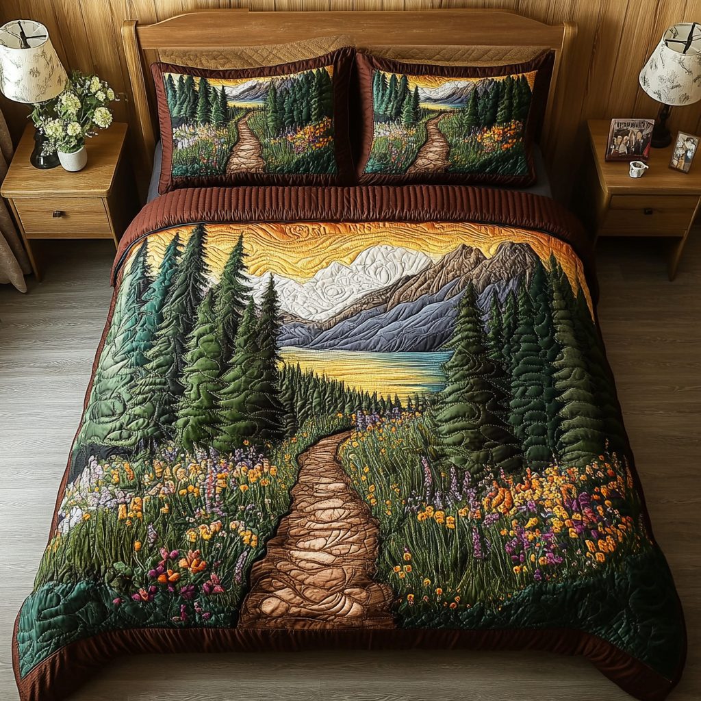 Nature Glow quilted 3-piece bedding set on a made bed with two matching pillow shams