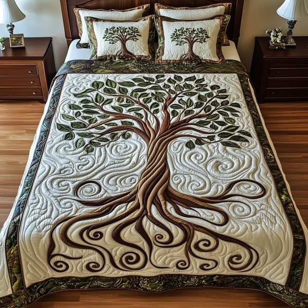 Nature Harmony quilted 3-piece bedding set on a made bed with two matching pillow shams
