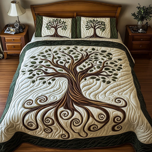 Nature Harmony quilted 3-piece bedding set on a made bed with two matching pillow shams