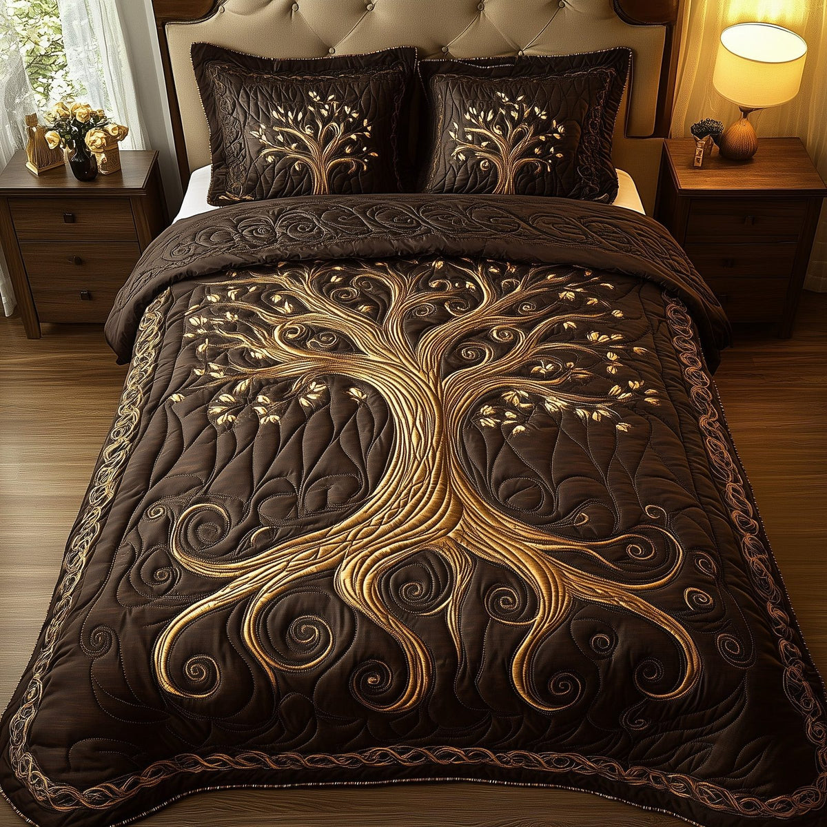 Nature Harmony quilted 3-piece bedding set on a made bed with two matching pillow shams