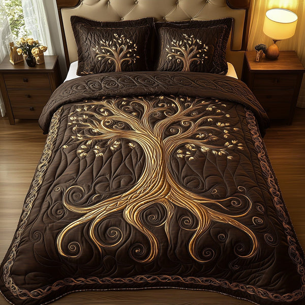 Nature Harmony quilted 3-piece bedding set on a made bed with two matching pillow shams