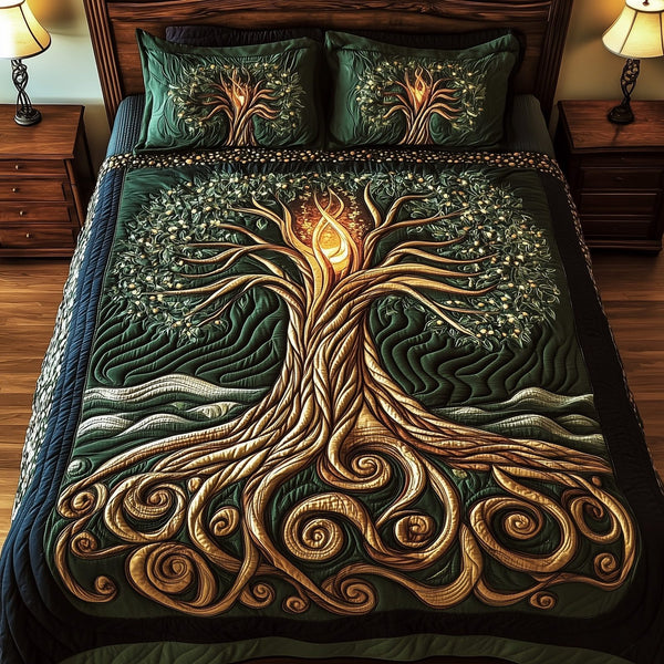 Nature Harmony quilted 3-piece bedding set on a made bed with two matching pillow shams
