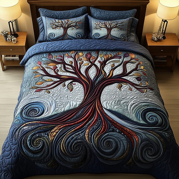 Nature Harmony quilted 3-piece bedding set on a made bed with two matching pillow shams