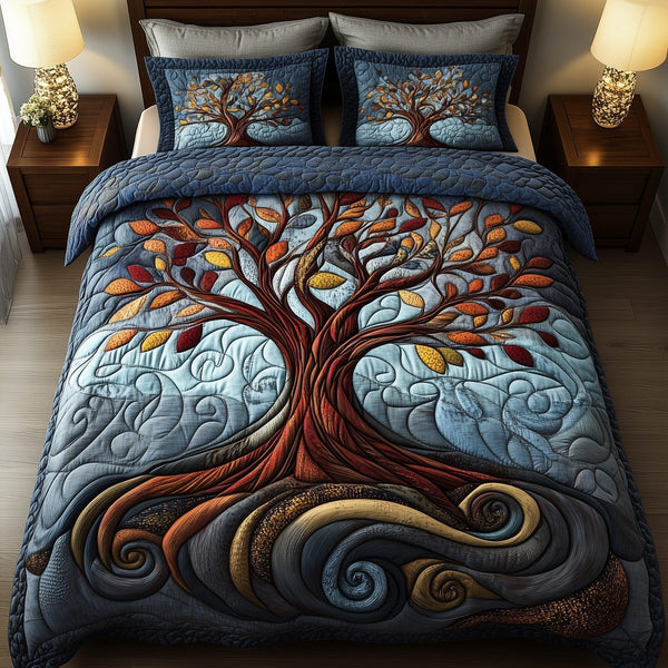 Nature Harmony quilted 3-piece bedding set on a made bed with two matching pillow shams