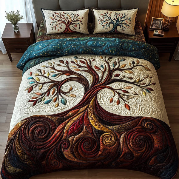 Nature Harmony quilted 3-piece bedding set on a made bed with two matching pillow shams