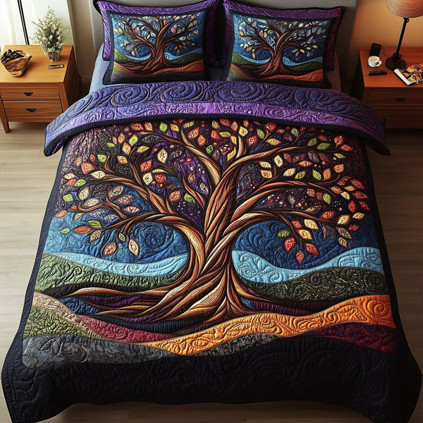 Nature Harmony quilted 3-piece bedding set on a made bed with two matching pillow shams