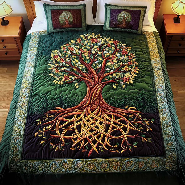 Nature Harmony quilted 3-piece bedding set on a made bed with two matching pillow shams