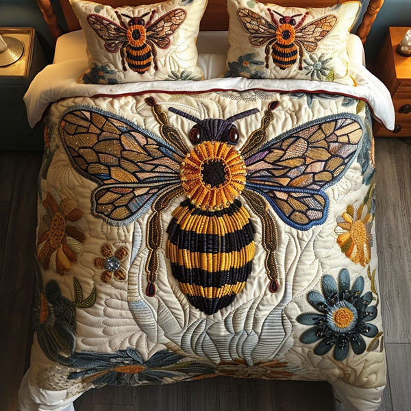 Nature Harmony quilted 3-piece bedding set on a made bed with two matching pillow shams