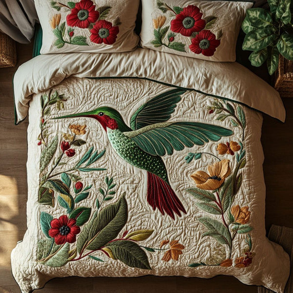Nature Harmony quilted 3-piece bedding set on a made bed with two matching pillow shams