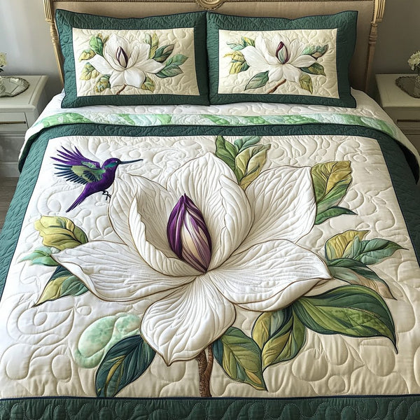 Nature Harmony quilted 3-piece bedding set on a made bed with two matching pillow shams