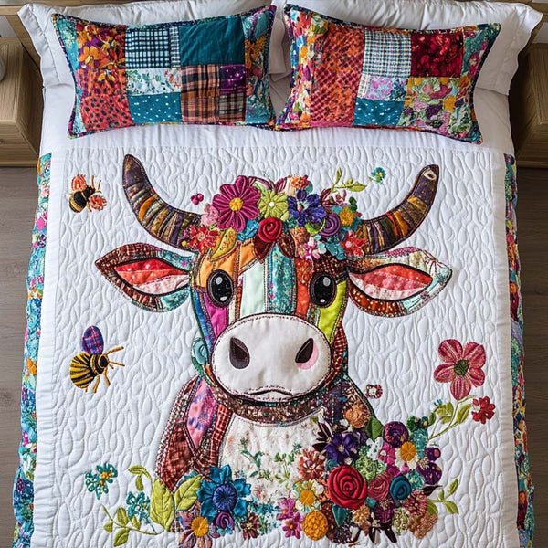 Nature Highland Gem quilted 3-piece bedding set on a made bed with two matching pillow shams