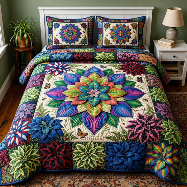 Nature Hosta quilted 3-piece bedding set on a made bed with two matching pillow shams