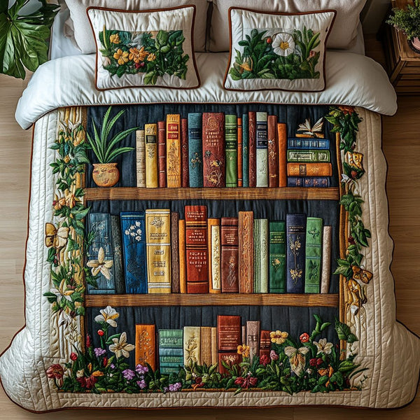 Nature Inspired Library quilted 3-piece bedding set on a made bed with two matching pillow shams