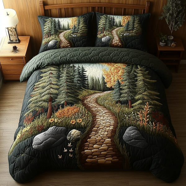 Nature Journey quilted 3-piece bedding set on a made bed with two matching pillow shams