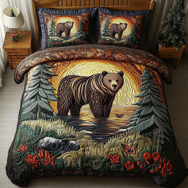 Nature Majesty quilted 3-piece bedding set on a made bed with two matching pillow shams