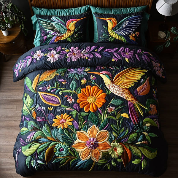 Nature Melody quilted 3-piece bedding set on a made bed with two matching pillow shams