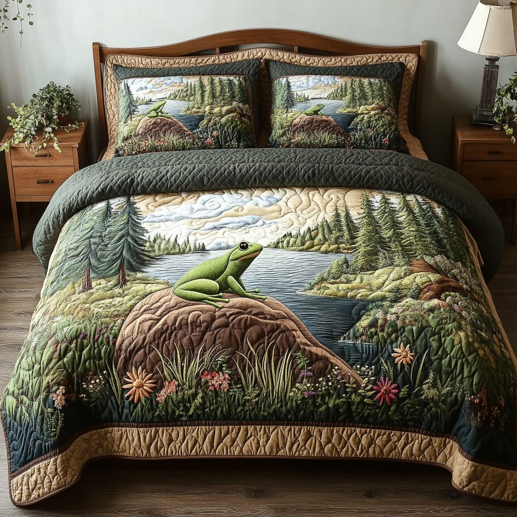 Nature Nap quilted 3-piece bedding set on a made bed with two matching pillow shams