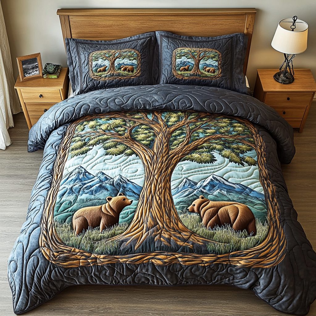 Nature Nest quilted 3-piece bedding set on a made bed with two matching pillow shams