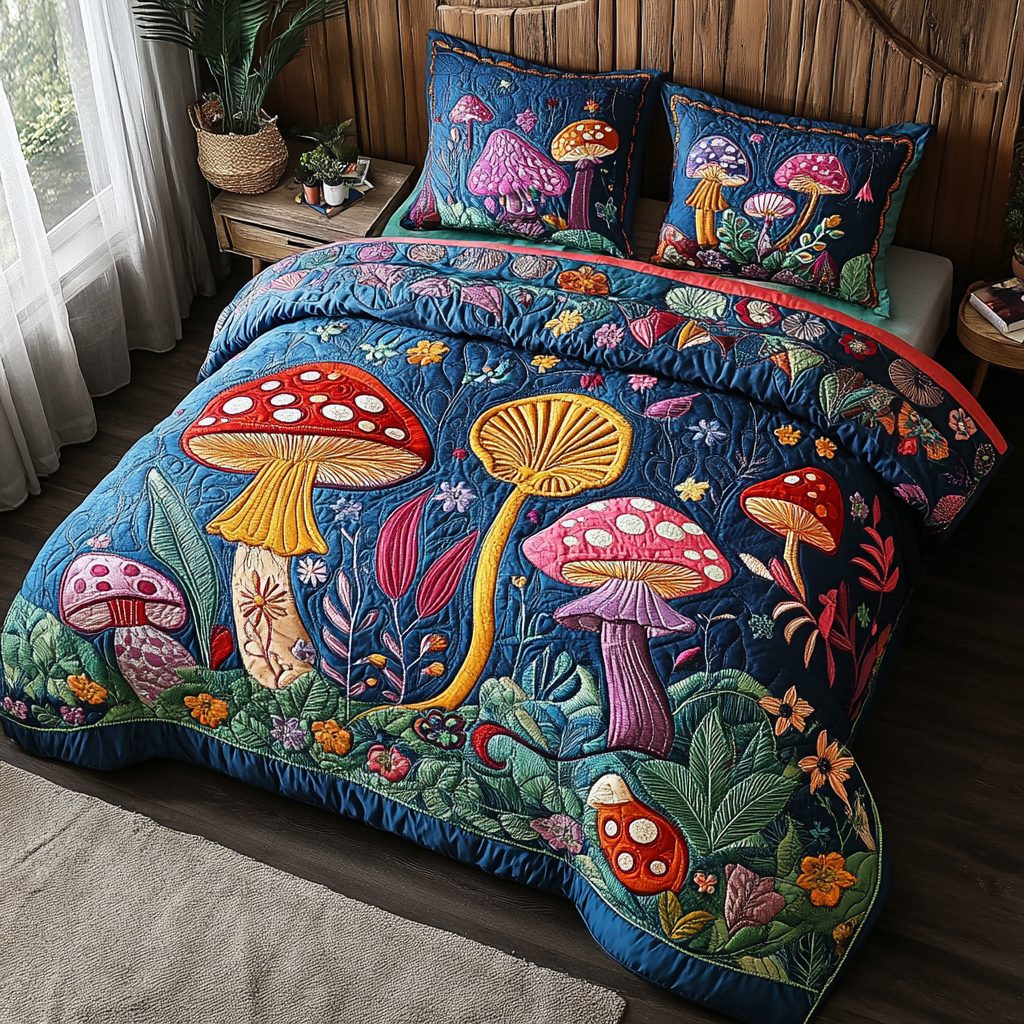 Nature Nook quilted 3-piece bedding set on a made bed with two matching pillow shams