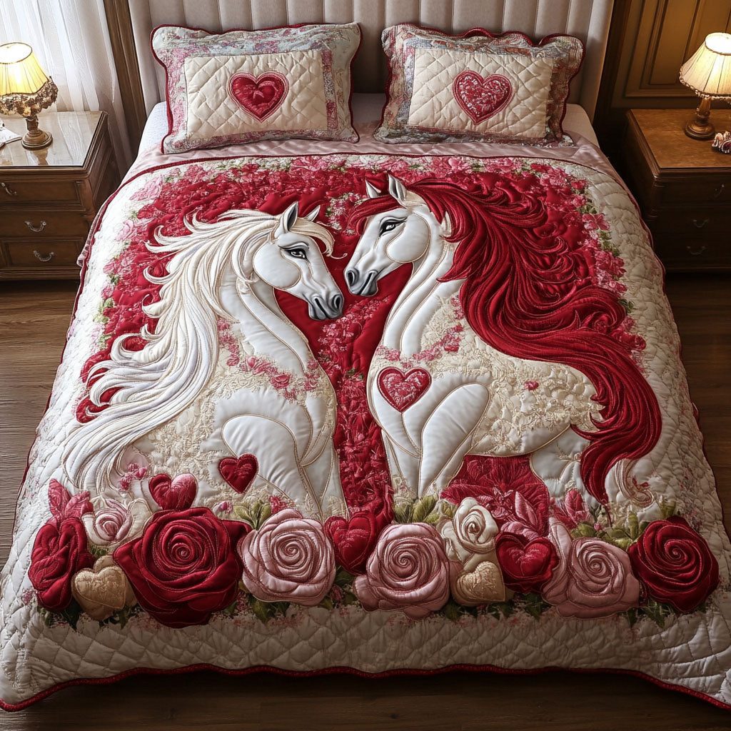 Nature Pair quilted 3-piece bedding set on a made bed with two matching pillow shams