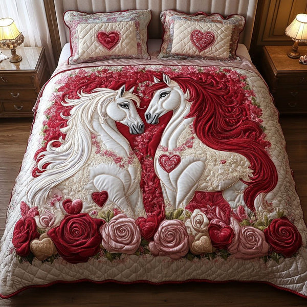 Nature Pair quilted 3-piece bedding set on a made bed with two matching pillow shams