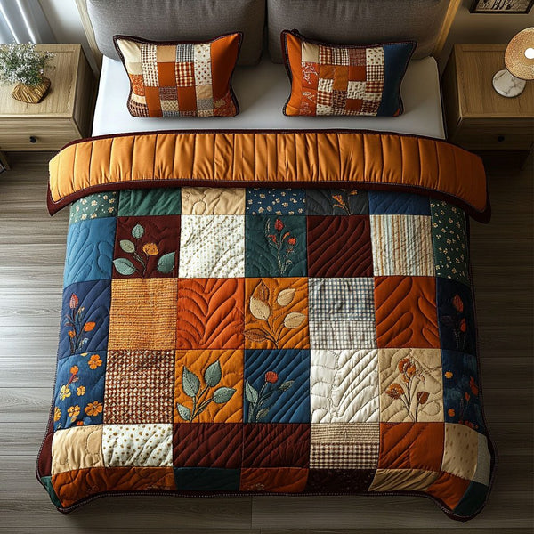 Nature Patchwork quilted 3-piece bedding set on a made bed in a farmhouse bedroom