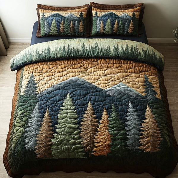 Nature Path quilted 3-piece bedding set on a made bed with two matching pillow shams