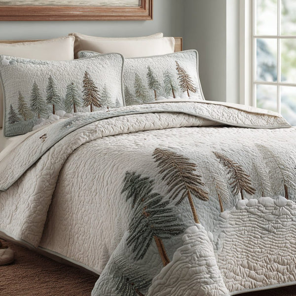 Nature Path quilted 3-piece bedding set on a made bed with two matching pillow shams