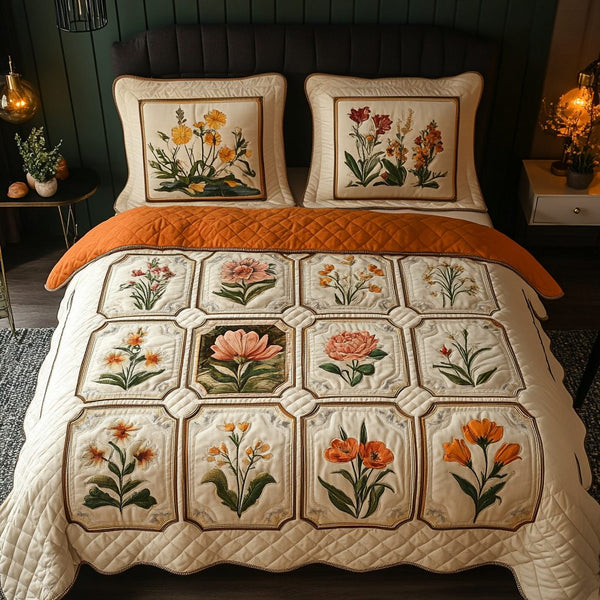Nature Petals quilted 3-piece bedding set on a made bed with two matching pillow shams