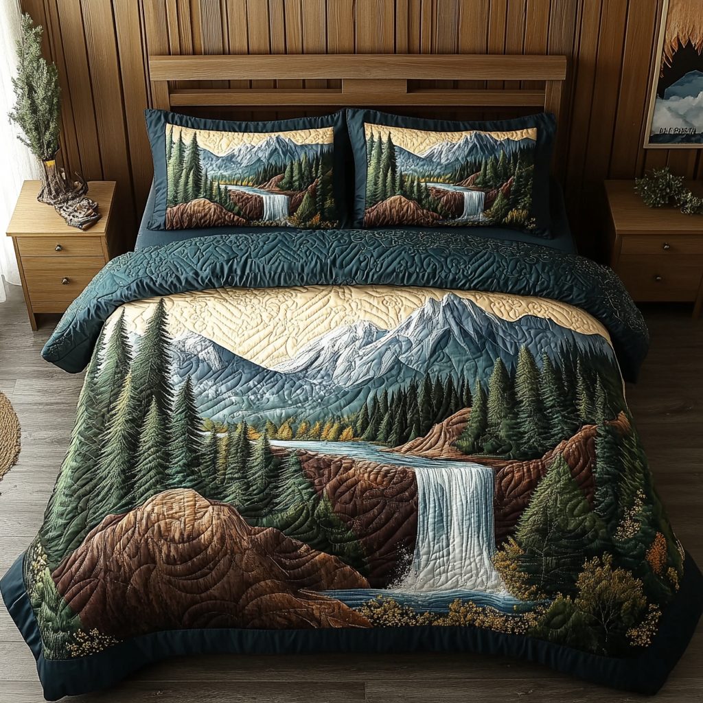 Nature Rest quilted 3-piece bedding set on a made bed with two matching pillow shams