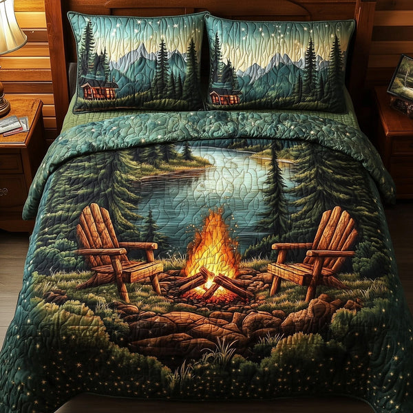 Nature Retreat quilted 3-piece bedding set on a made bed with two matching pillow shams
