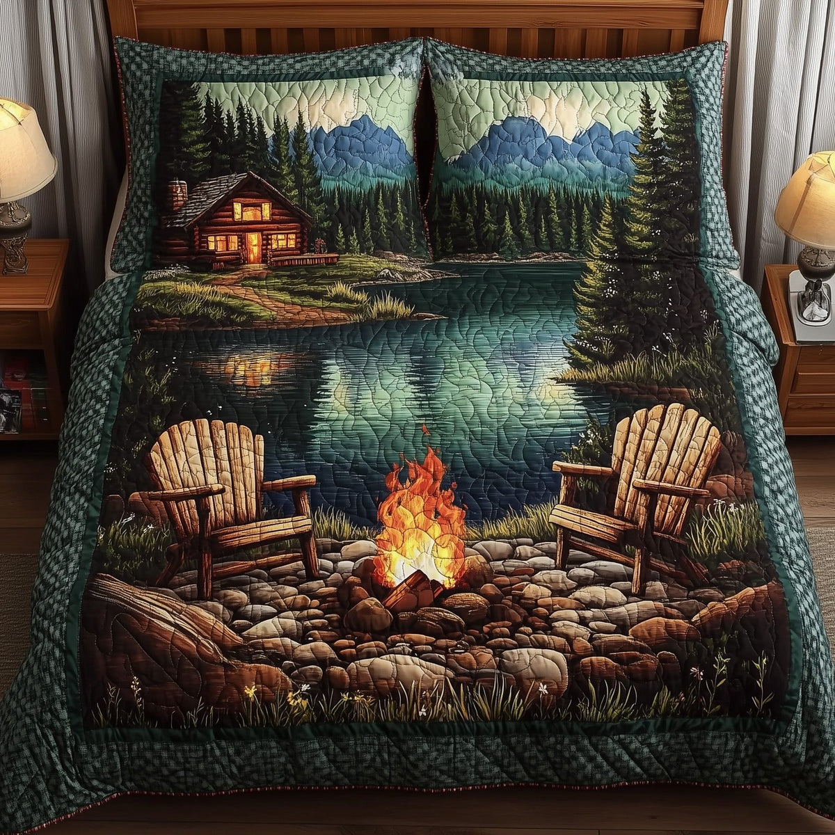 Nature Retreat quilted 3-piece bedding set on a made bed with two matching pillow shams