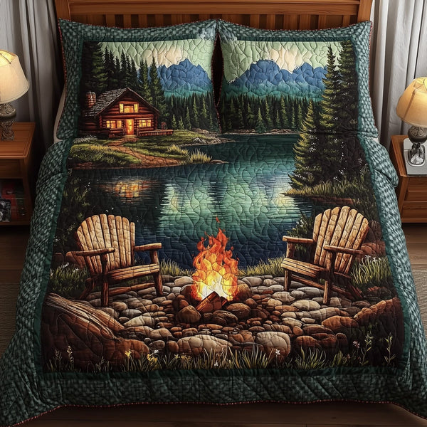 Nature Retreat quilted 3-piece bedding set on a made bed with two matching pillow shams