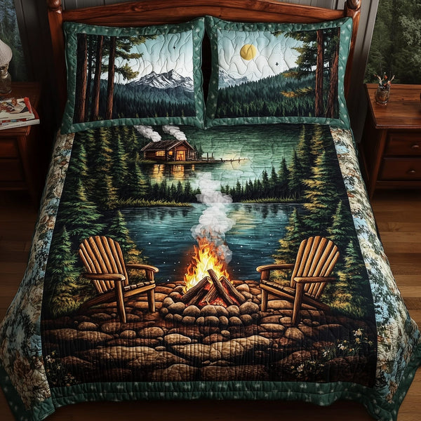 Nature Retreat quilted 3-piece bedding set on a made bed with two matching pillow shams
