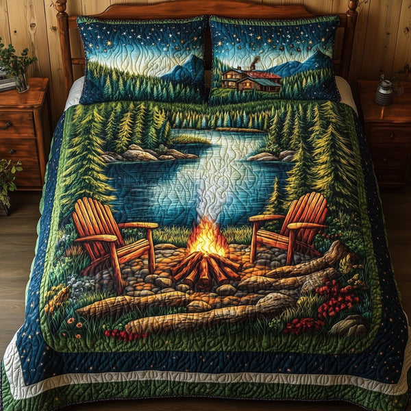 Nature Retreat quilted 3-piece bedding set on a made bed with two matching pillow shams