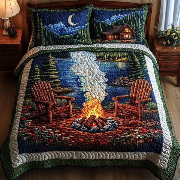 Nature Retreat quilted 3-piece bedding set on a made bed with two matching pillow shams