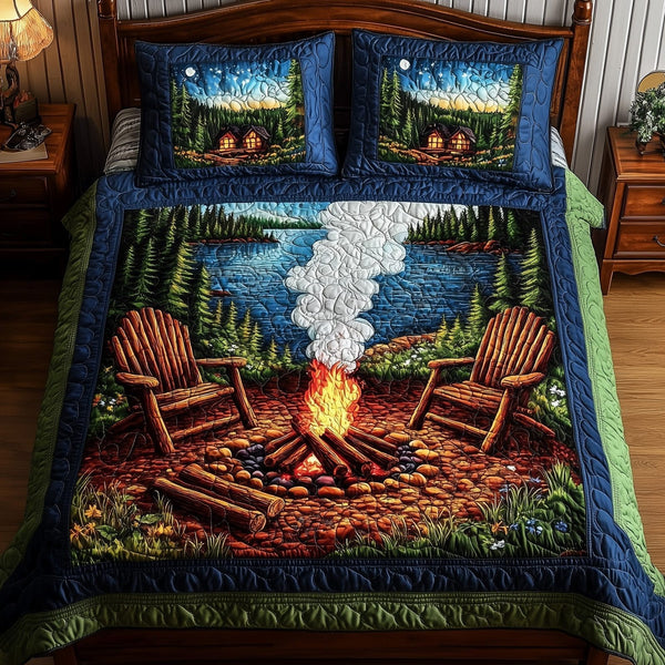 Nature Retreat quilted 3-piece bedding set on a made bed with two matching pillow shams