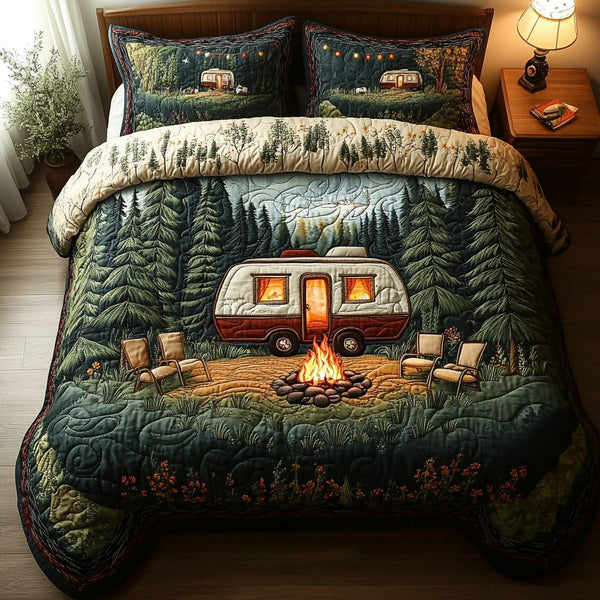 Nature Retreat quilted 3-piece bedding set on a made bed with two matching pillow shams