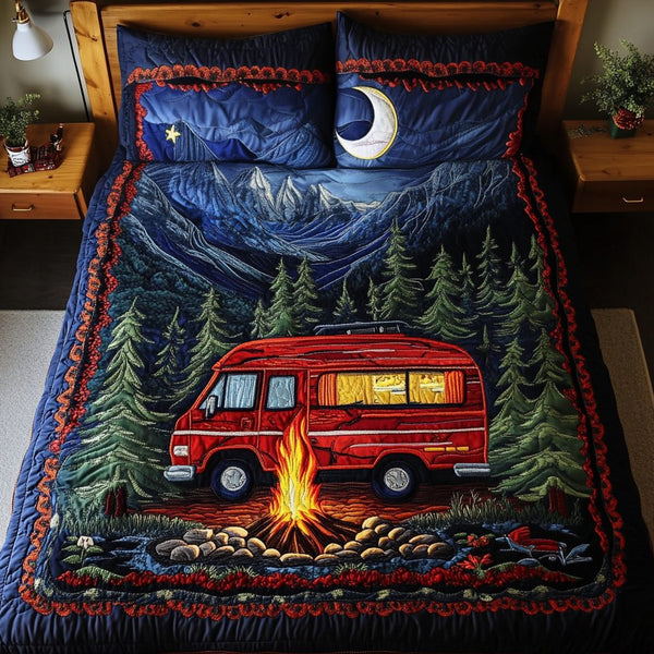 Nature Retreat quilted 3-piece bedding set on a made bed with two matching pillow shams
