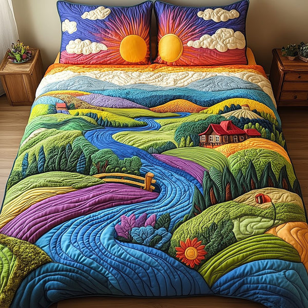 Nature's Symphony quilted 3-piece bedding set on a made bed with two matching pillow shams