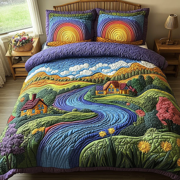 Nature's Symphony quilted 3-piece bedding set on a made bed with two matching pillow shams