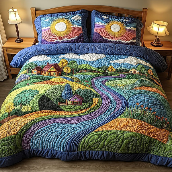 Nature's Symphony quilted 3-piece bedding set on a made bed with two matching pillow shams