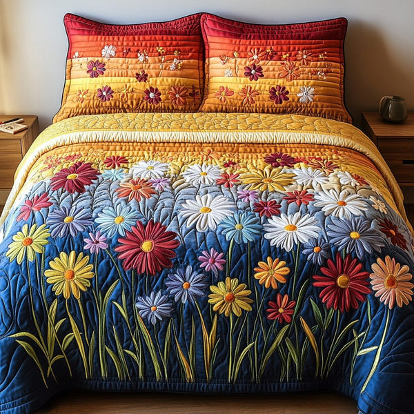 Nature Shine quilted 3-piece bedding set on a made bed with two matching pillow shams