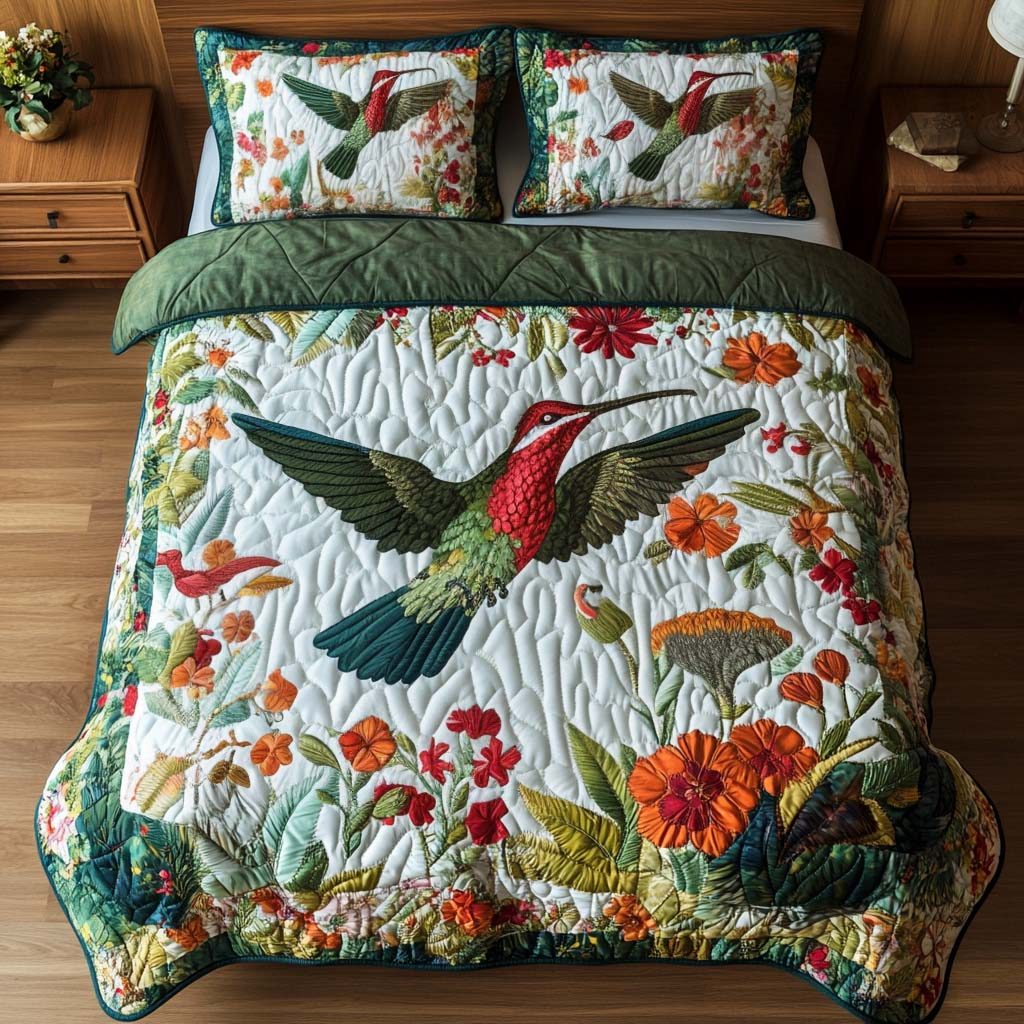 Nature Spirit quilted 3-piece bedding set on a made bed with two matching pillow shams