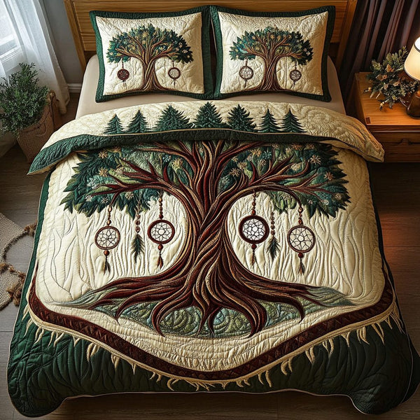 Nature Spirit quilted 3-piece bedding set on a made bed with two matching pillow shams